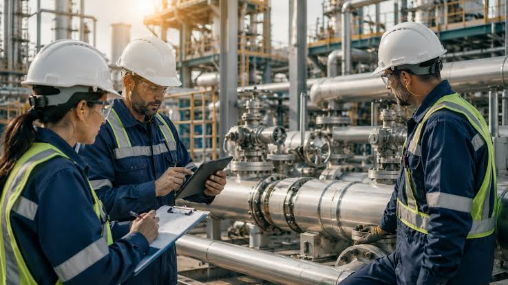 Energy industry specialists discussing technology at an industrial facility